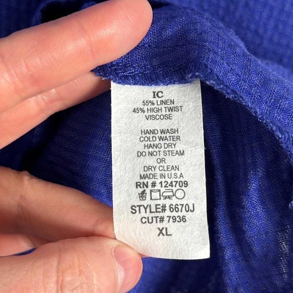 IC Connie K Blue Linen Blend Top Womens Size XL USA Style 6670J Lagenlook Button - Picture 5 of 10
